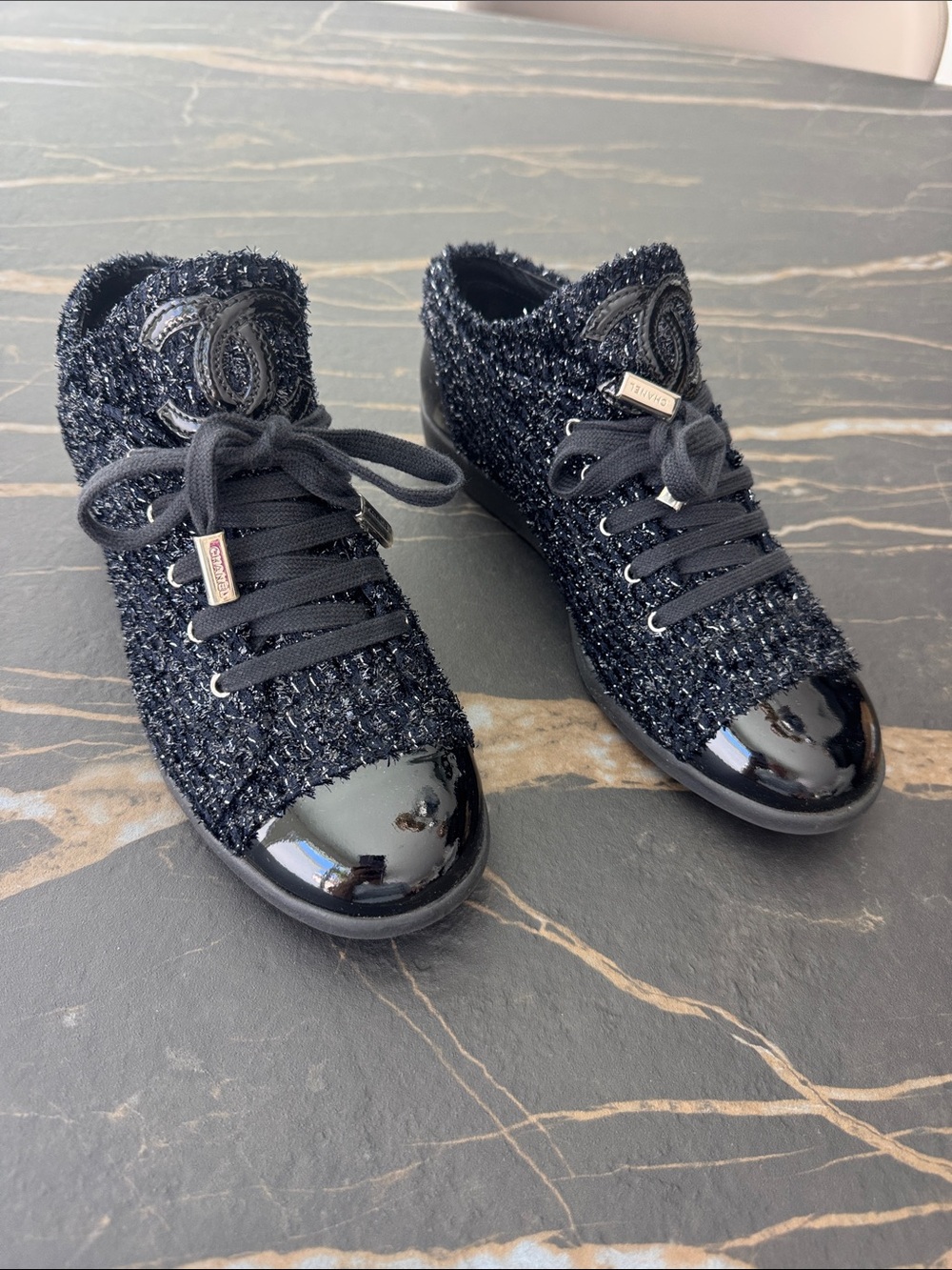 CHANEL Black Tweed & Patent Cap-Toe Lace-Up Women's Sneakers